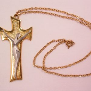 Modernistic Pewter and Goldtone Crucifix Necklace