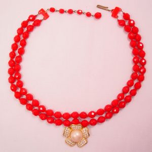 Blood-Red Glass Bead Necklace with a Rhinestone Flower Pendant
