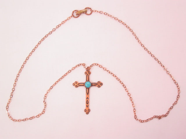 Solid Copper and Imitation Turquoise Cross Necklace