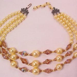 Yellow Pearls and Beige Aurora Borealis Necklace