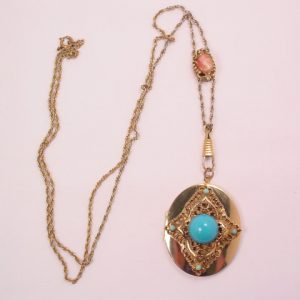 Cameo Slide and Imitation Turquoise Locket Necklace