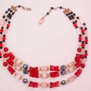 3-Strand Pink Ice, Black, and Red Glass Bead Necklace