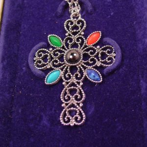 Silvertone and Imitation Stone Avon Cross Necklace in Original Box