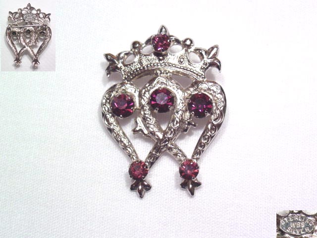 WBS Purple Rhinestone Hearts and Crown Pin