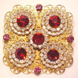 Large Square Filigree Red and Clear Rhinestone Pin