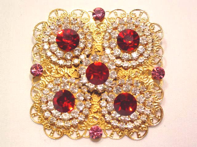 Large Square Filigree Red and Clear Rhinestone Pin