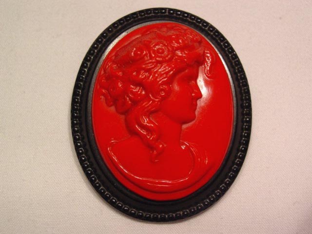 Vintage Red and Black Plastic Cameo Pin