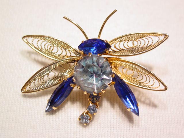 Blue Rhinestone Bug with Filigree Wings Pin