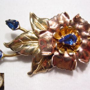 Two-Tone Gold Over Sterling Flower with Blue Rhinestones Pin
