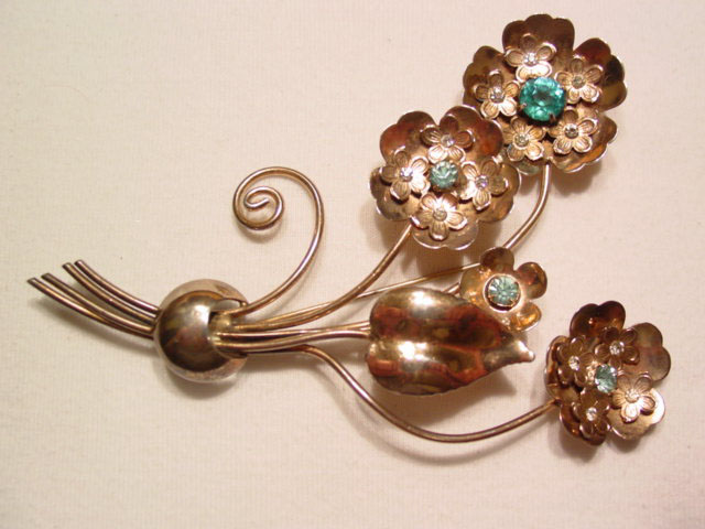 Huge Gold-Washed Sterling Floral Rhinestone Pin