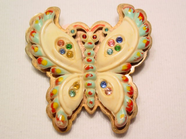 Colored Plastic and Rhinestone Butterfly Pin