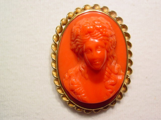 Large Coral Colored Plastic Cameo Pin