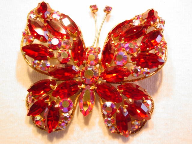 Red Rhinestone Regency Butterfly Pin