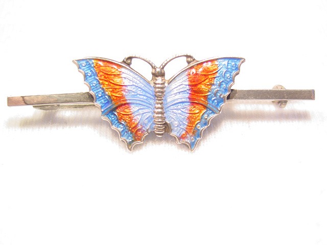 Silver Enameled Orange and Blue Butterfly Bar Pin