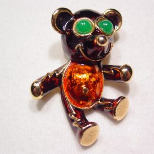 Dark Red Enameled Green-Eyed Teddy Bear Pin