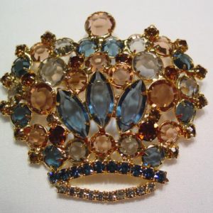 Beautiful Brown and Sapphire Blue Rhinestone Crown Pin