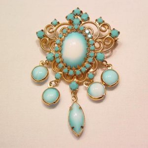 Opaque Blue and White Filigree Goldtone Pin