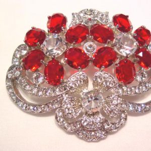 Vibrant Red and Clear Rhinestone Flowers Pin