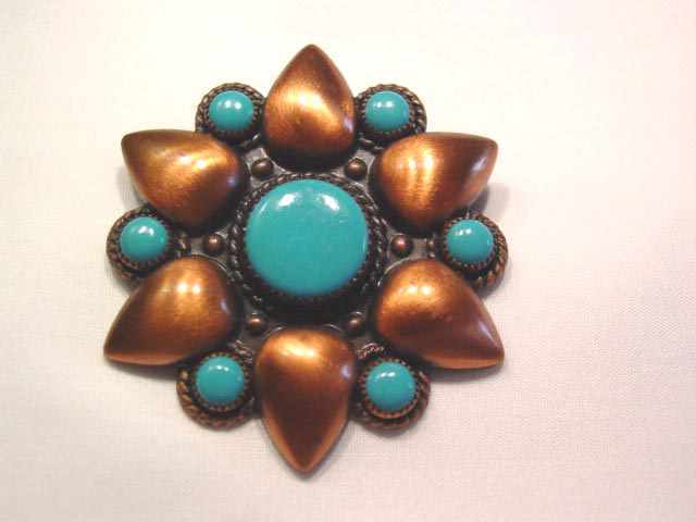 Copper and Imitation Turquoise Flower Pin by Copper Bell