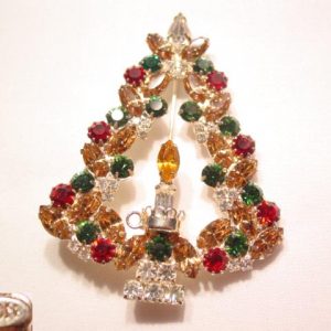 Topaz, Clear, Green and Red Rhinestone Ron Christmas Tree