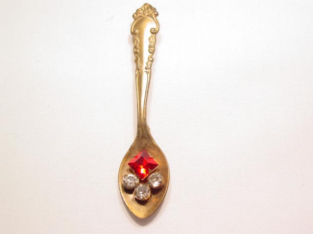 Goldtone Spoon and Colored Rhinestone Pin