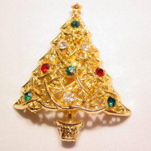 Red, Clear, and Green Rhinestone Filigree Christmas Tree Pin