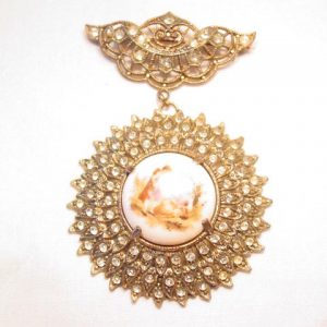 Old Porcelain and Rhinestone Medallion Pin