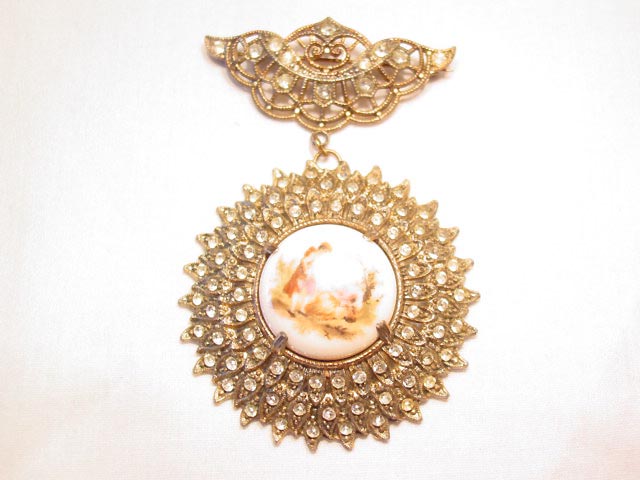 Old Porcelain and Rhinestone Medallion Pin