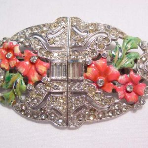Beautiful Rhinestone and Pink and Green Enamel Floral Duette