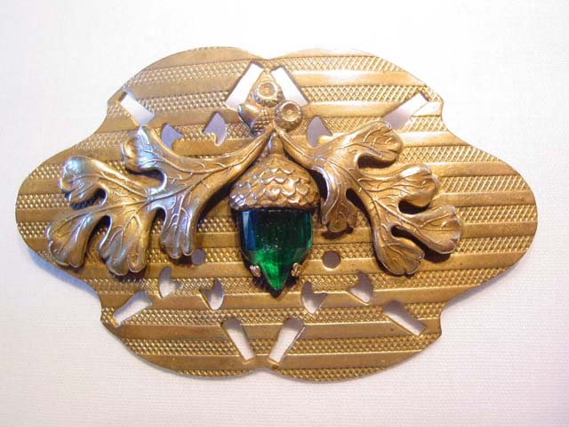 Old Brass and Green Rhinestone Acorn Sash Pin