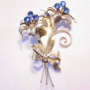 Fantastic Heavy Sterling Lily Pin with Blue Rhinestones