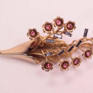 Unusual Pink and Blue Rhinestone High-Relief Flower Bouquet Pin