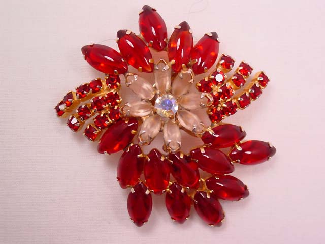 Large Red and Frosted Rhinestone Pin
