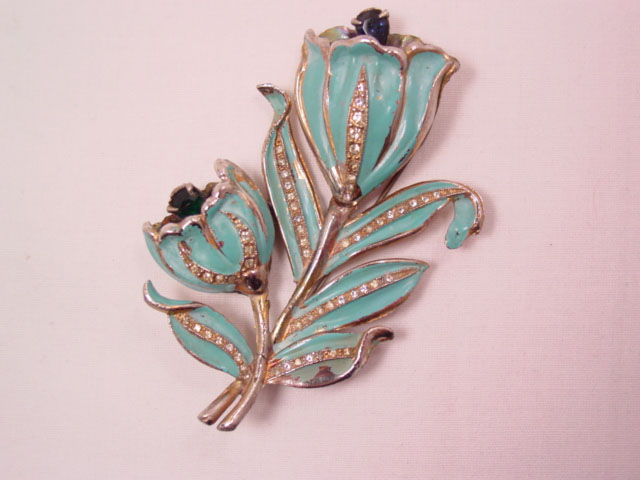 Pot Metal and Turquoise Blue Tremblant Flower Pin