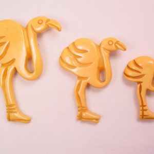 3 Graduated-Sized Butterscotch Bakelite Flamingo Pins