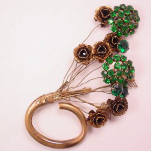 Antique Brass and Green Rhinestone Bouquet Pin