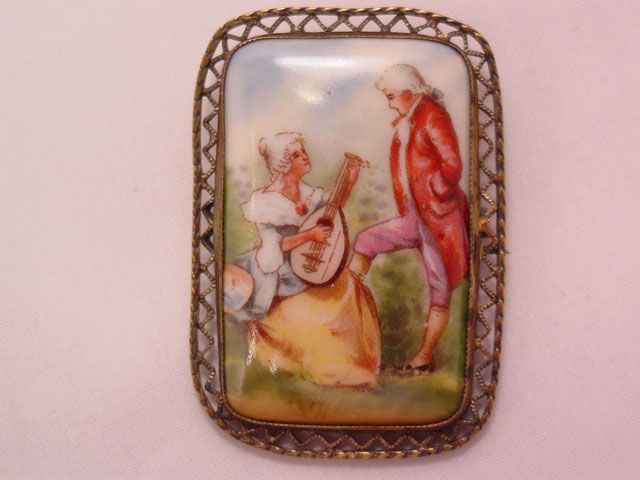 Czechoslovakian Porcelain Pin of Man and Lady Playing Mandolin