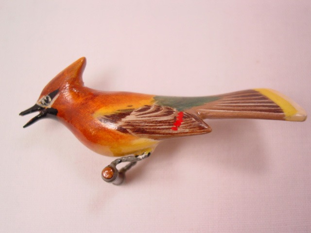 Internment Camp Carved Wooden Cedar Waxwing Bird Pin