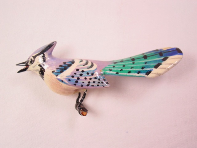 Internment Camp Carved Wooden Blue Jay Bird Pin