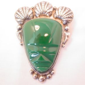 Very Large Sterling and Green Tribal Face Pin