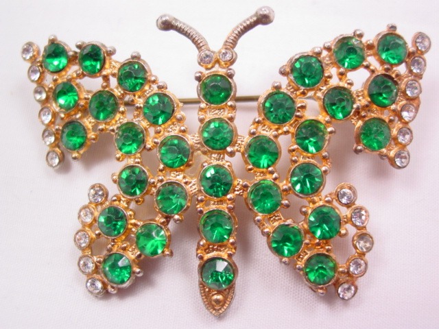 Old Green Rhinestone Butterfly Pin