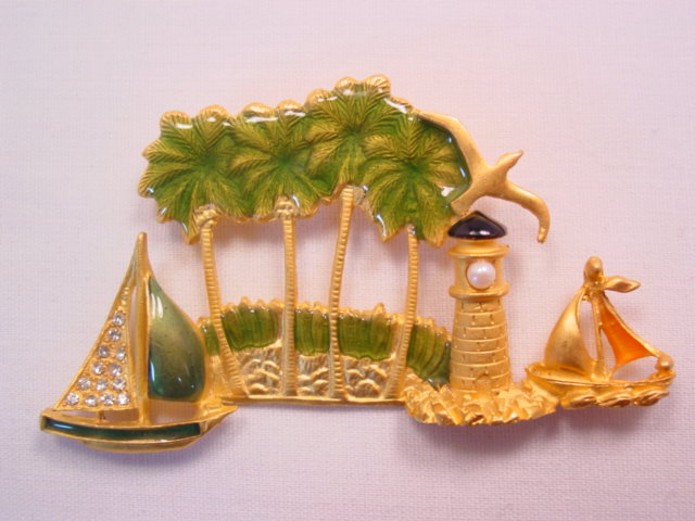 Green-Enameled Seascape Pin