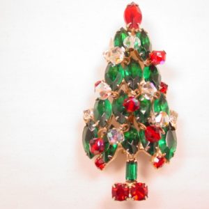 Stunning Rhinestone Christmas Tree Pin with Aurora Borealis Dangling Ornaments