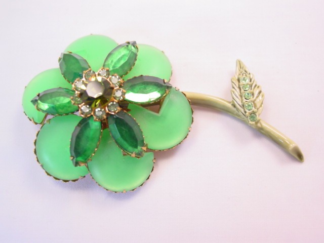 Large Green Plastic and Rhinestone Flower Pin