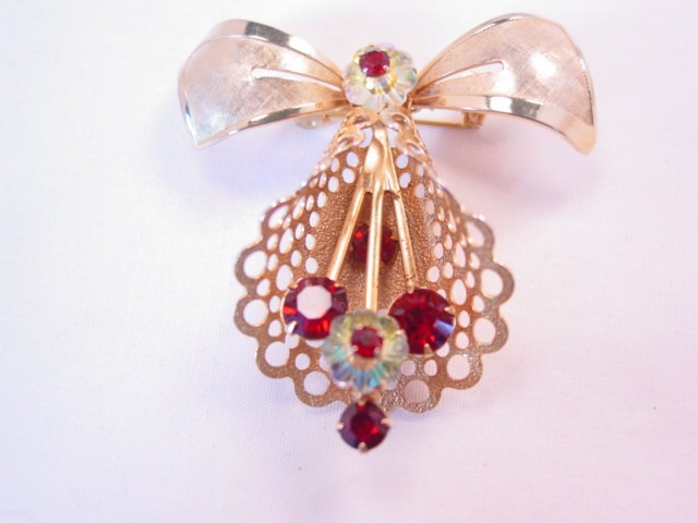 Red and Aurora Borealis Rhinestone Lacy Flower and Bow Pin