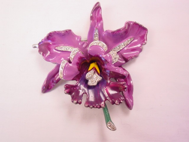 Huge Purple Orchid Pin with Rhinestone Accents