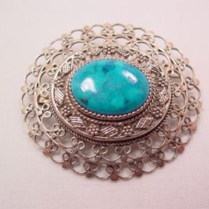 Filigree Sterling and Turquoise Oval Pin/Pendant