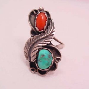 Feather Turquoise and Coral Ring