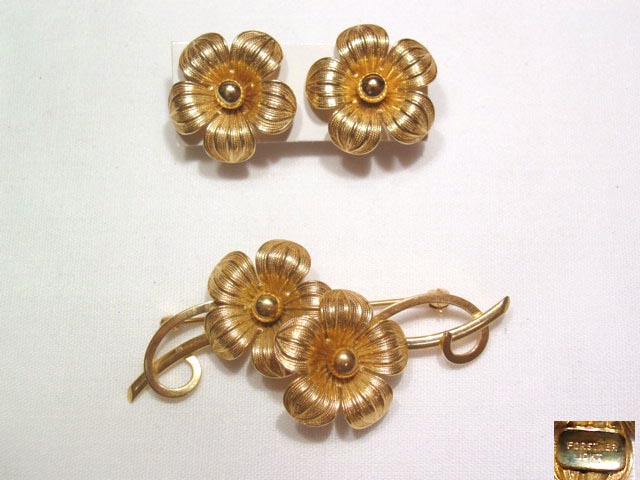 Forstner 10K Gold Flower Pin and Earrings Set