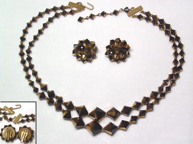 Black and Gold Glass Necklace and Earrings Set